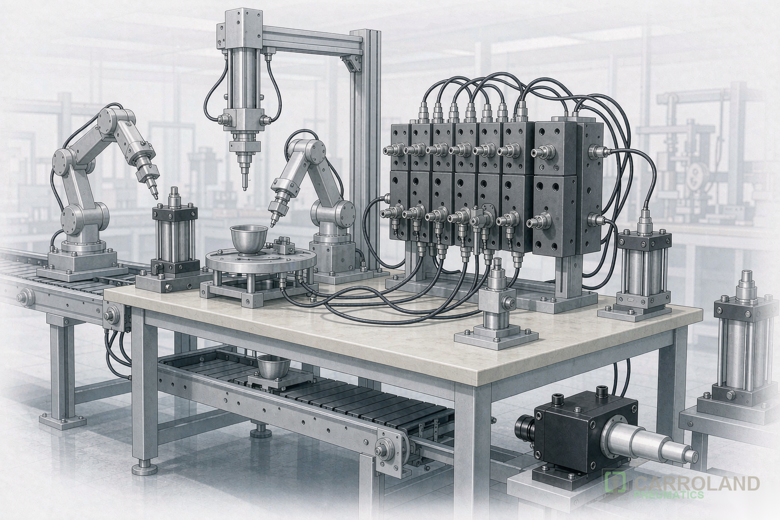 Solenoid valve manifold on automated production line