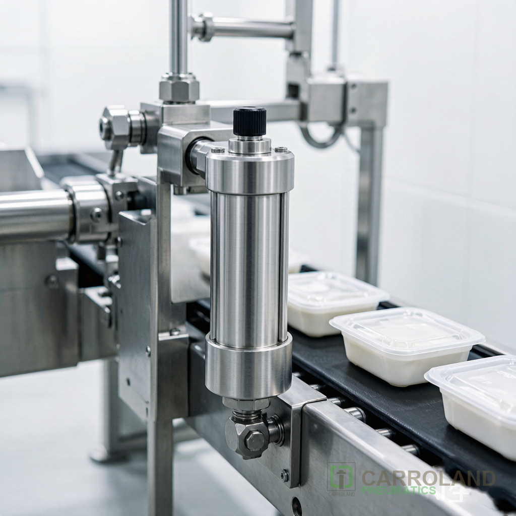 Stainless steel sanitary pneumatic cylinder in a food processing line
