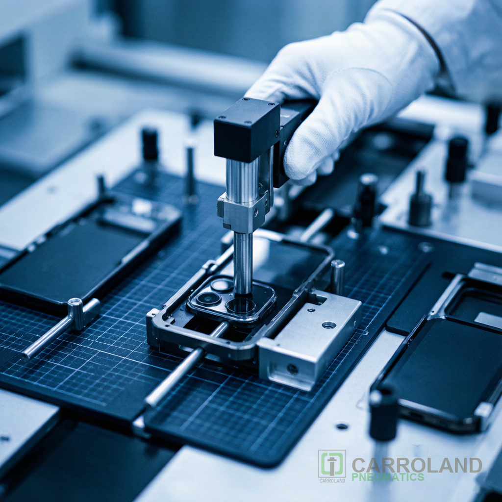Miniature pneumatic cylinder in a smartphone assembly station for iPhone production