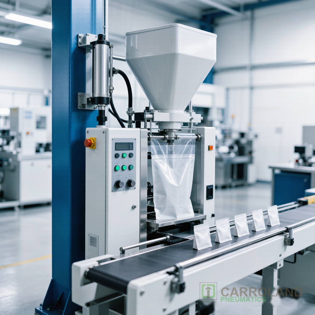 Pneumatic cylinder mounted on a vertical form-fill-seal packaging machine
