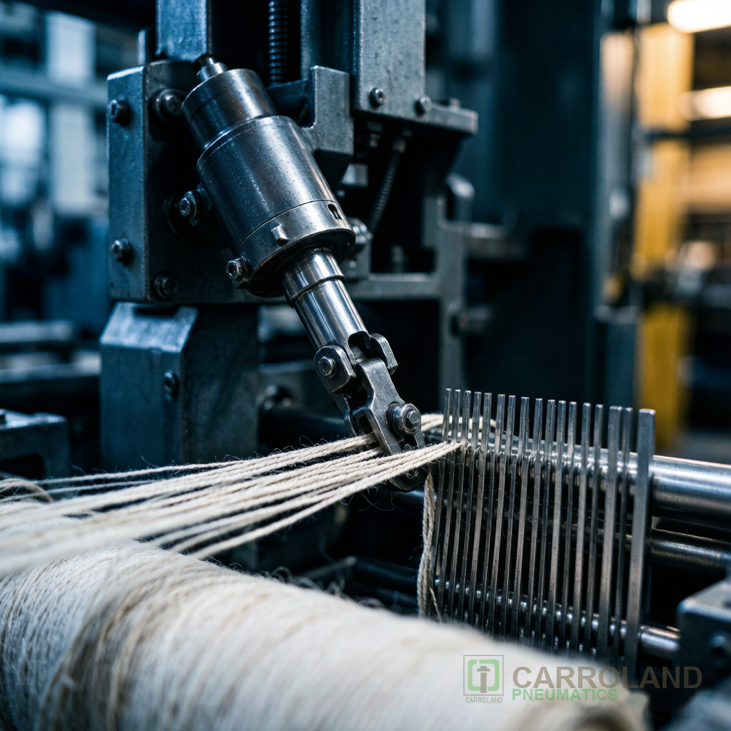 Pneumatic cylinder driving a textile machine weft insertion mechanism