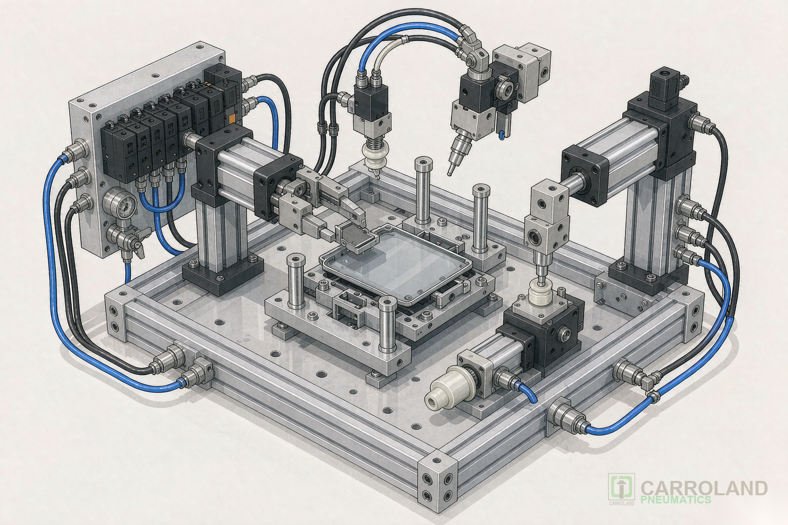 Pneumatic system for 3C automation assembly
