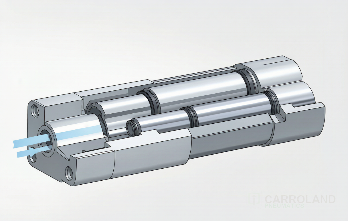 Three-stage telescopic pneumatic cylinder shown in cutaway view