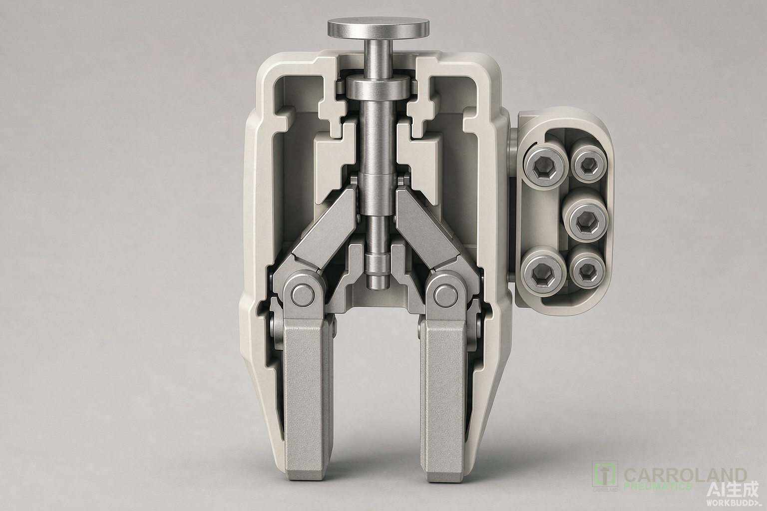Pneumatic parallel jaw gripper cross-section with internal piston and wedge cam mechanism