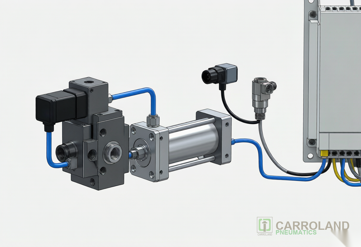 Automatic pneumatic cylinder circuit with solenoid valve and sensors