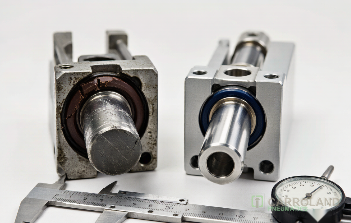 Comparison of worn and new pneumatic cylinder piston assemblies showing seal and rod quality