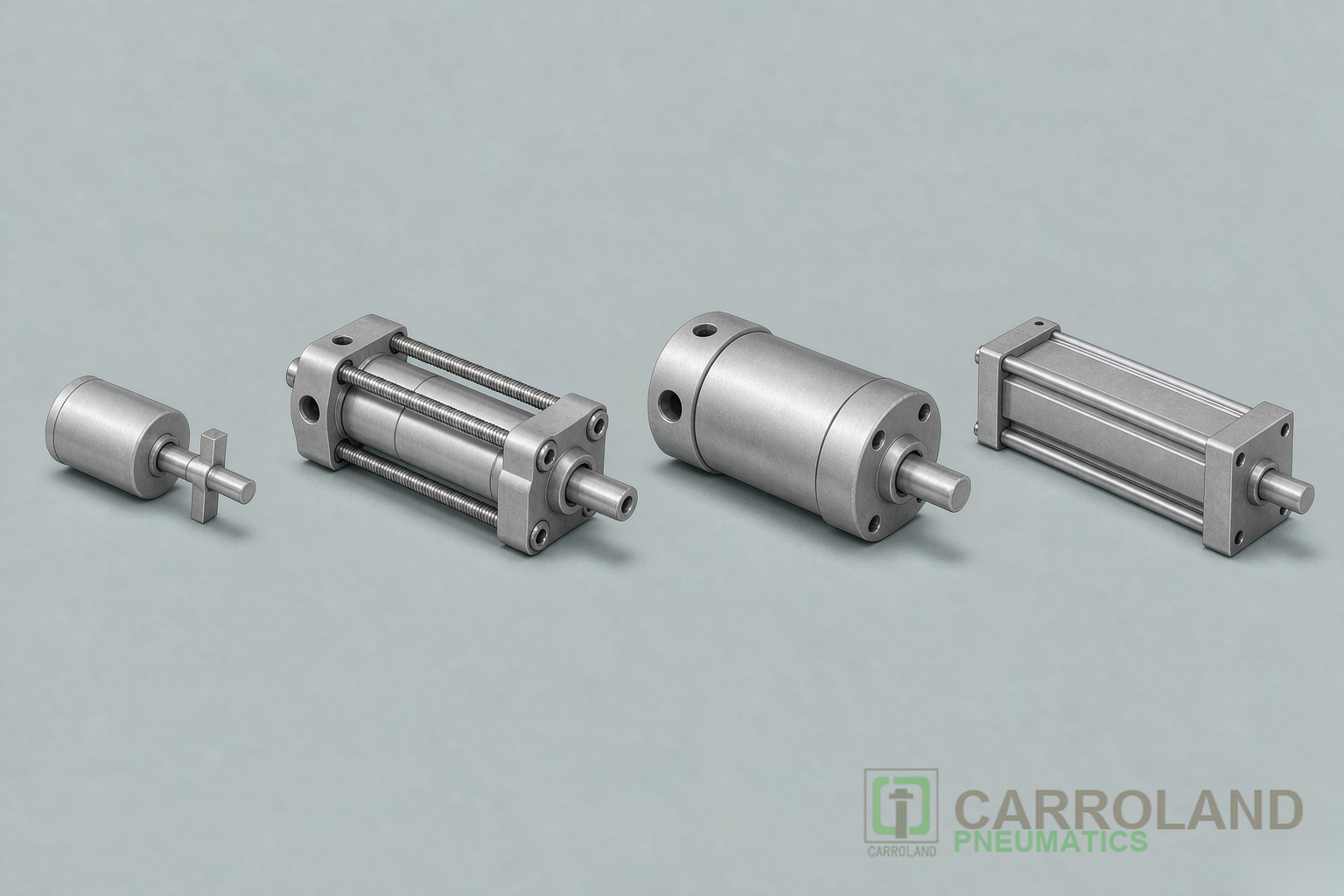 Industrial technical illustration: different types of pneumatic cylinders