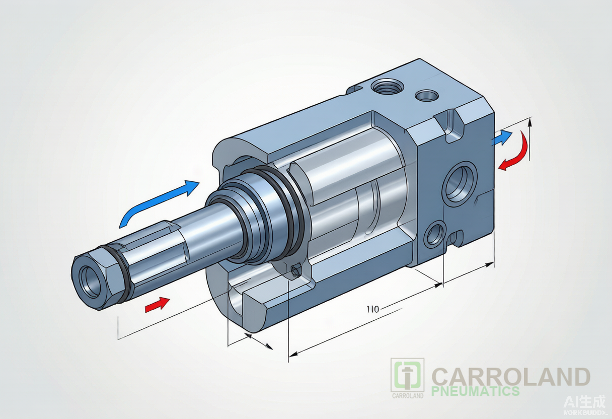 Double acting pneumatic cylinder cross-section showing barrel, piston, rod and cushion mechanism
