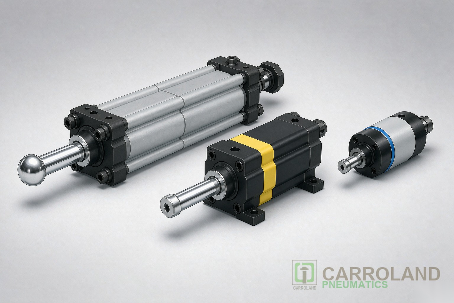 Industrial technical illustration: double acting pneumatic cylinder types