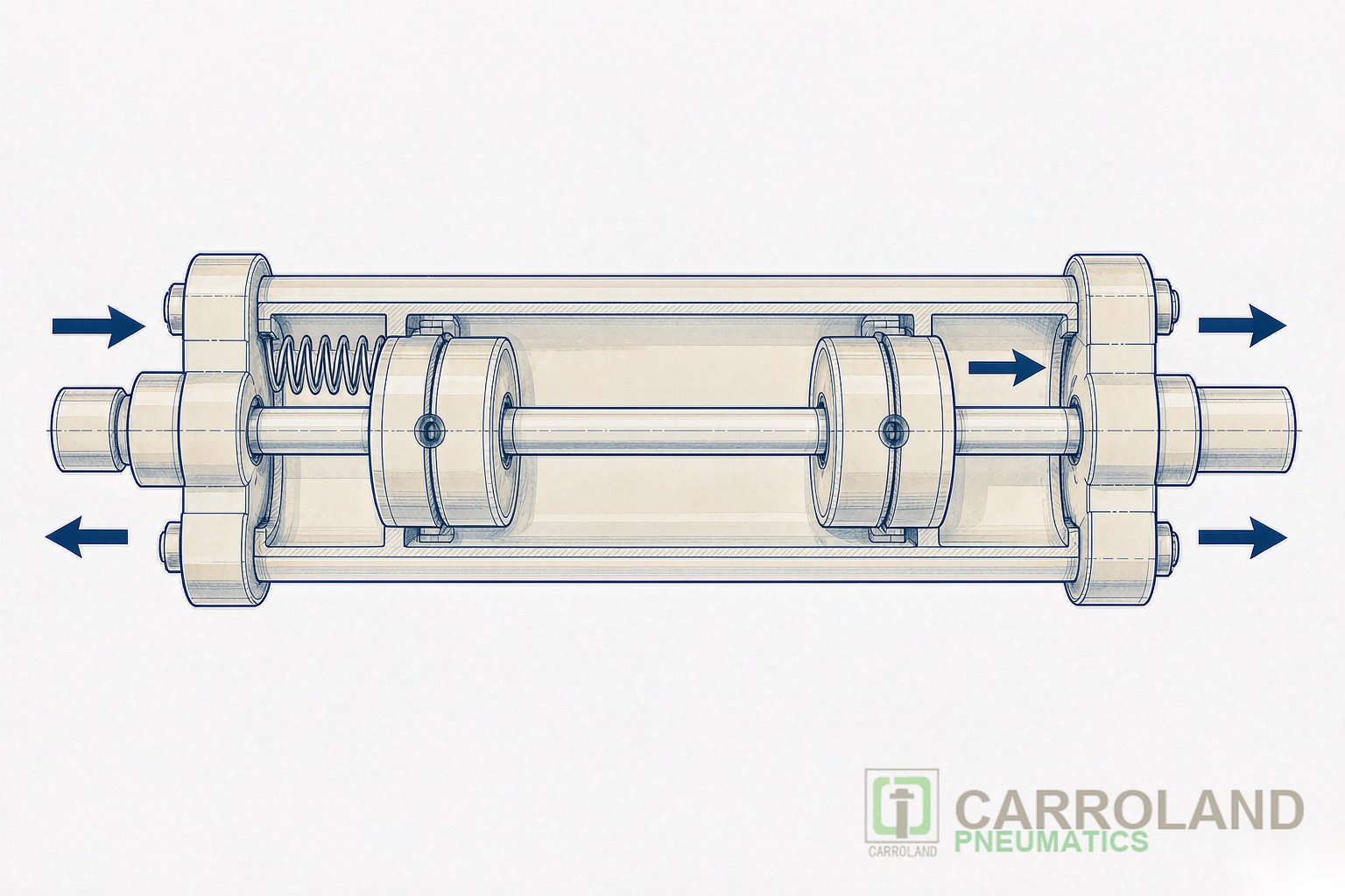 Industrial technical illustration: dual stroke pneumatic cylinder