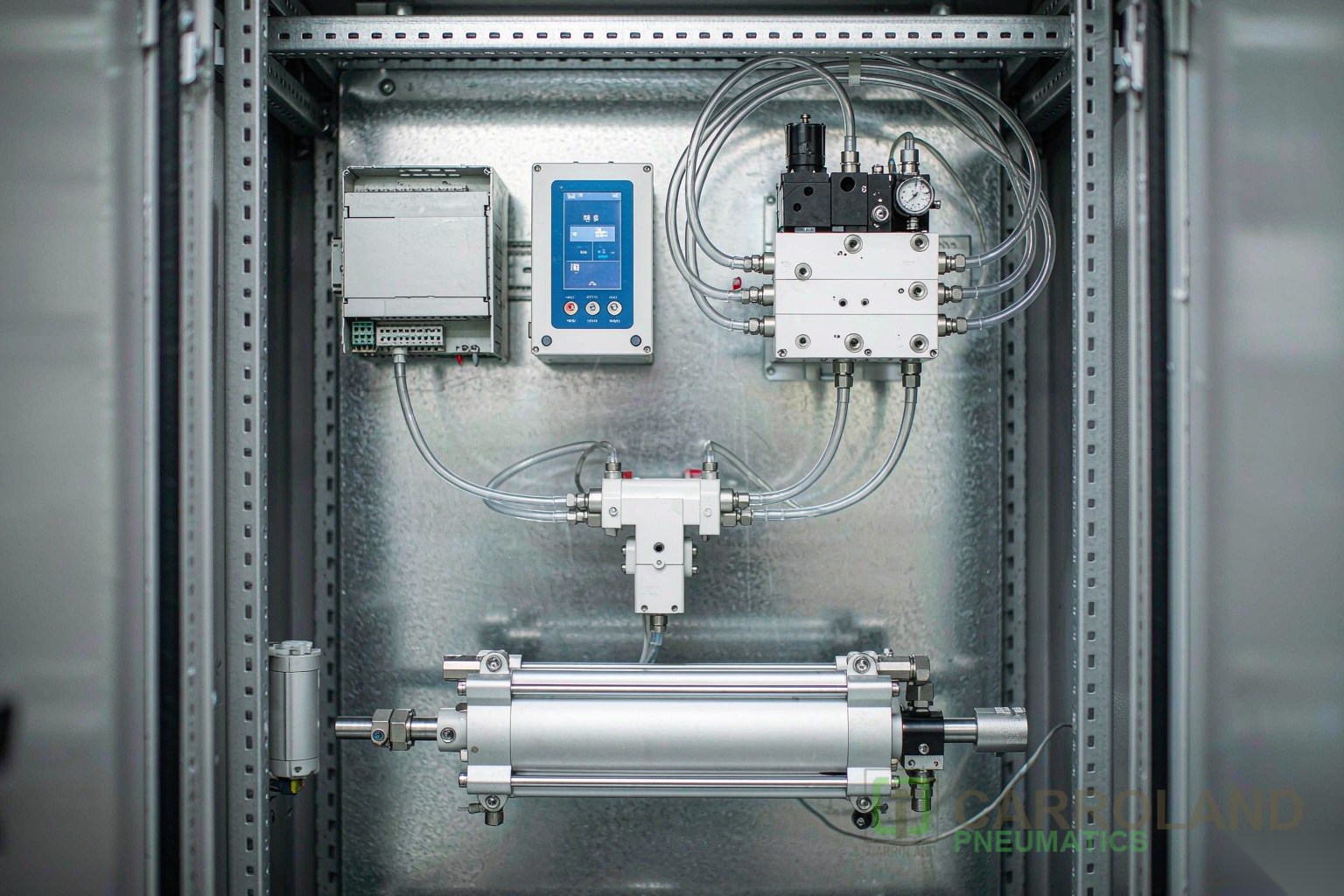 Industrial technical illustration: electronic pneumatic cylinder