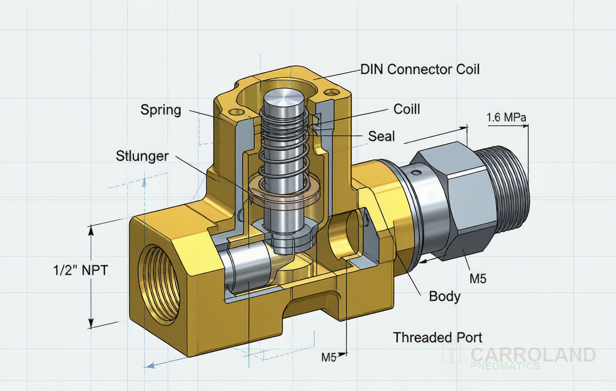 Solenoid valve cost anatomy: 2-way direct-acting cross-section showing brass body, spring, plunger, seal and 1/2 NPT coil at 1.6 MPa rated pressure