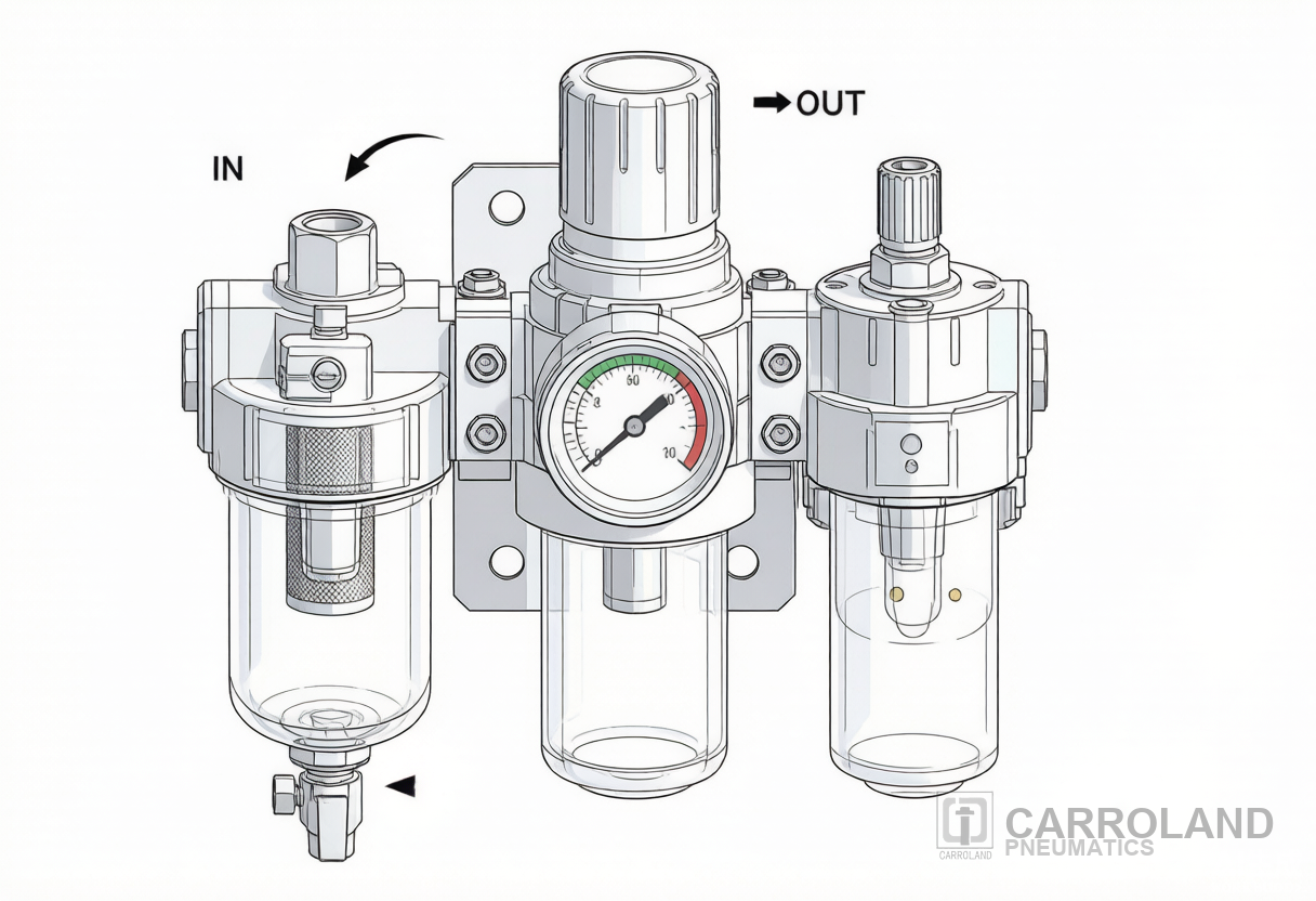 Industrial technical illustration of an FRL unit working principle showing filter, regulator, and lubricator stages bolted together on a single mounting bracket for a pneumatic air preparation unit
