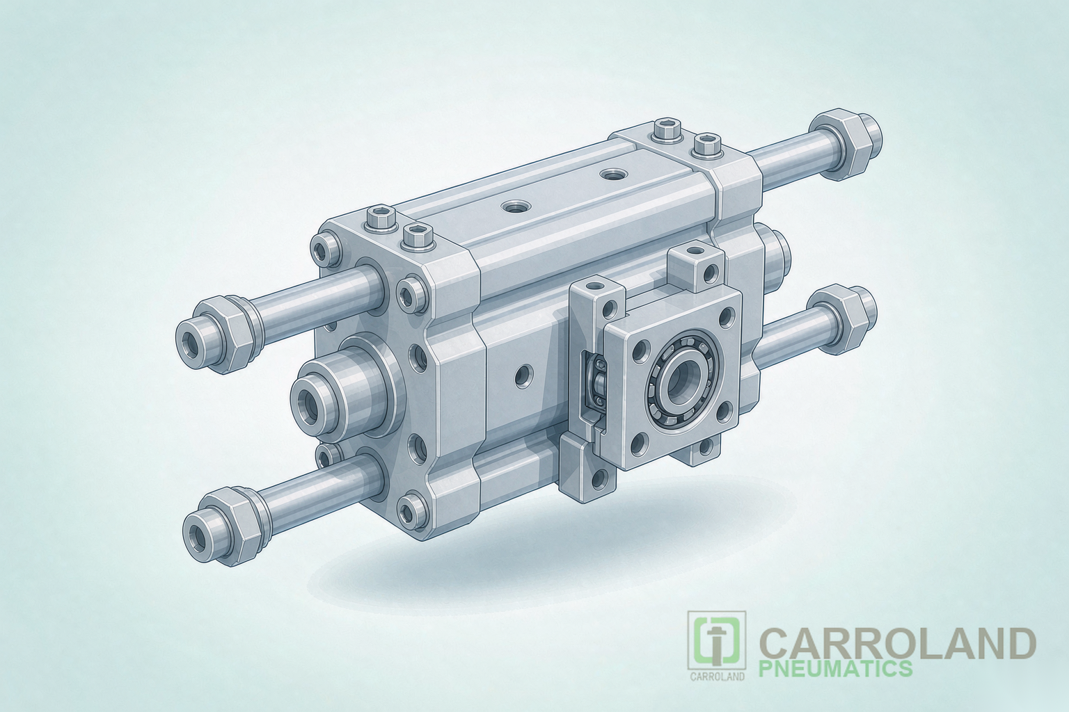 Industrial technical illustration: guided compact pneumatic cylinder