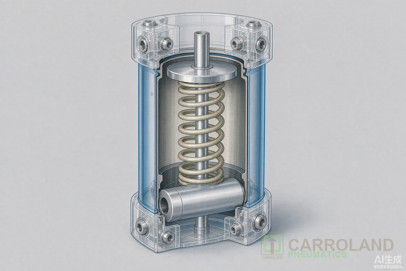 Single acting pneumatic cylinder cross-section showing spring return mechanism
