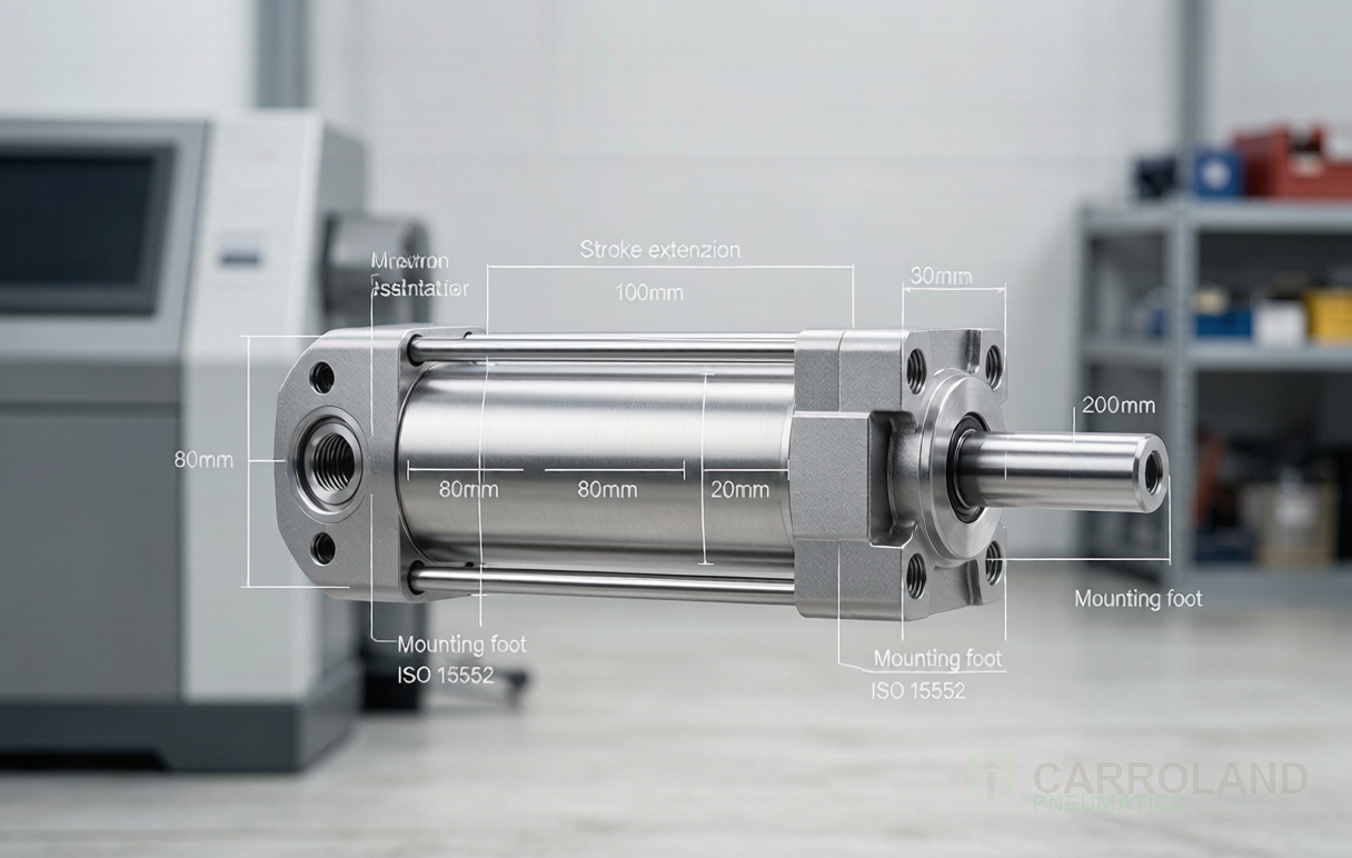 ISO 15552 pneumatic cylinder dimensions reference diagram showing bore and stroke geometry