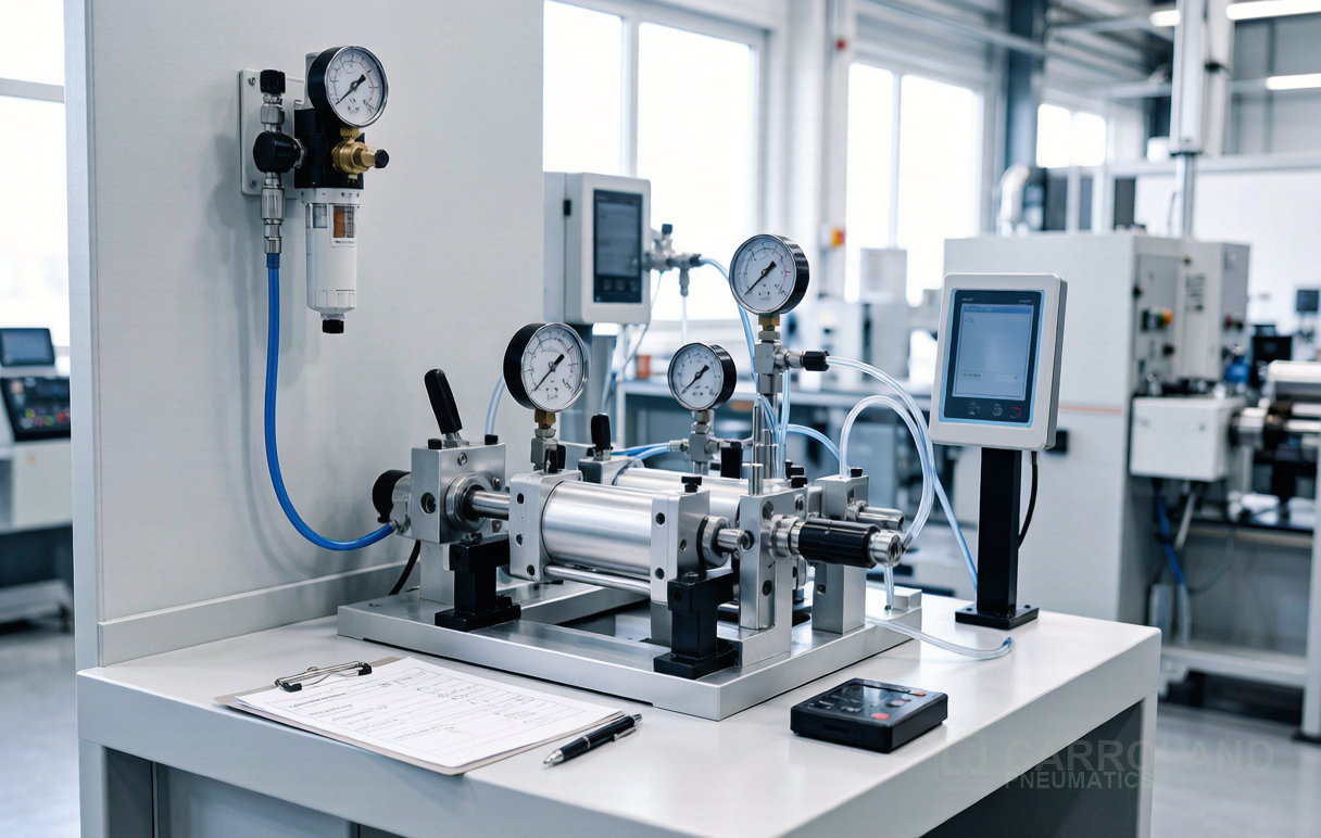 Pneumatic cylinder final inspection and endurance test bench in a modern factory
