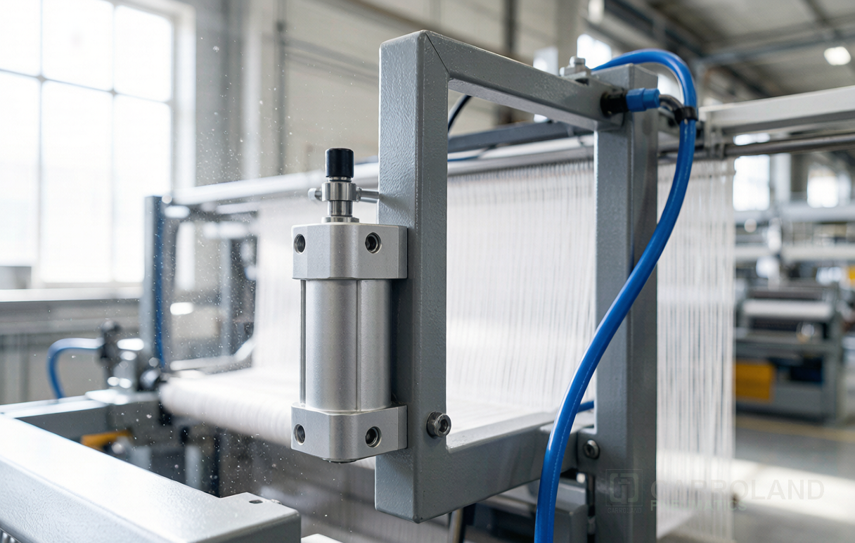 Compact pneumatic cylinder mounted on a modern air-jet weaving loom