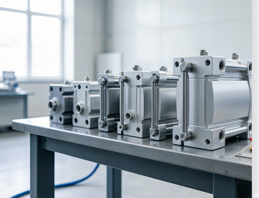 ISO 15552 tie-rod pneumatic cylinders on a Carroland production line with end-cap machining visible