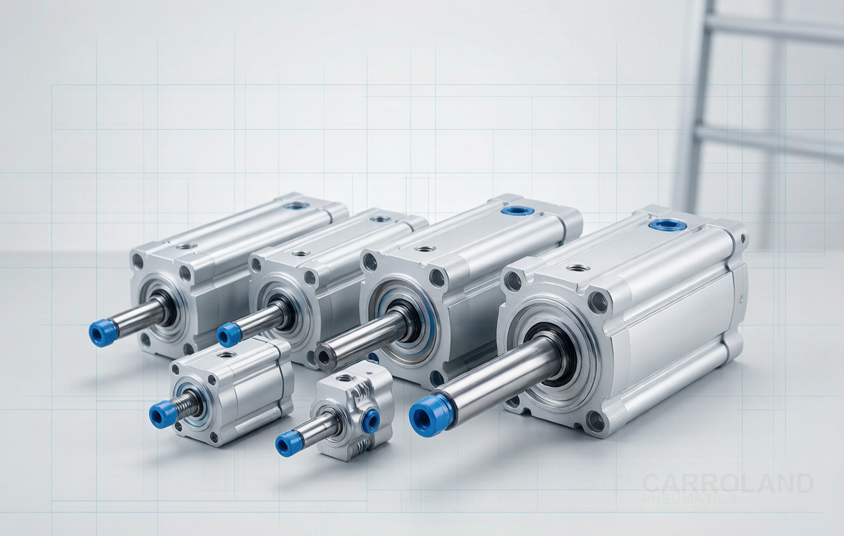 Row of ISO 15552 aluminium profile pneumatic cylinders in different bore sizes