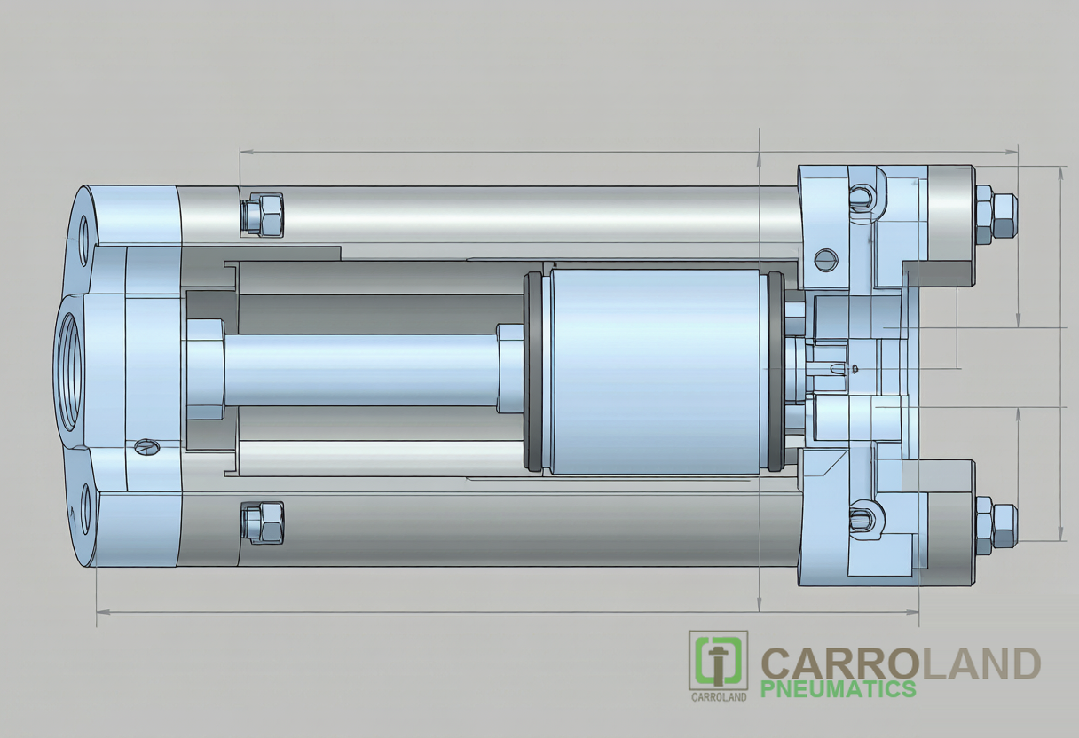 Pneumatic cylinder parts cross-section diagram showing barrel piston rod seals and end caps
