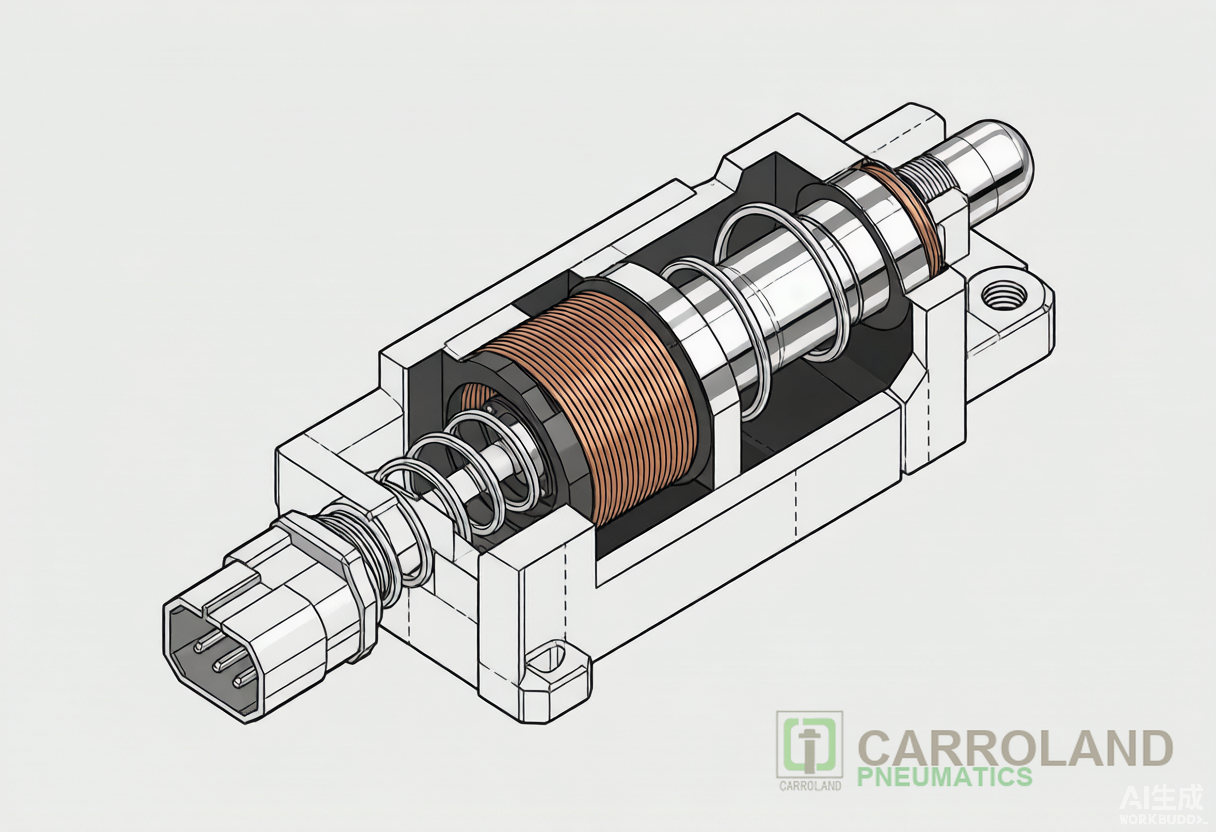 Solenoid coil assembly for pneumatic valve with copper winding and magnetic plunger