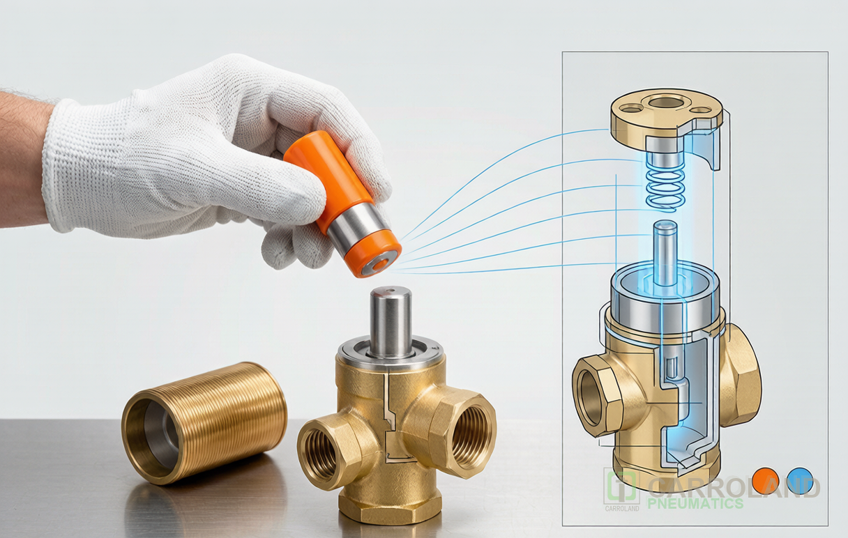 Maintenance technician using a magnet tool to manually actuate a solenoid valve