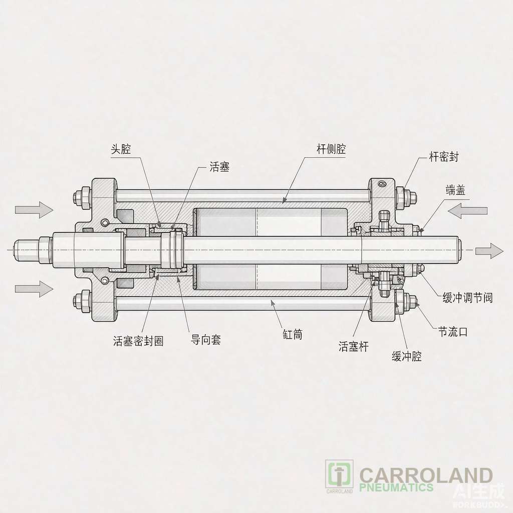 Double acting pneumatic cylinder cutaway diagram