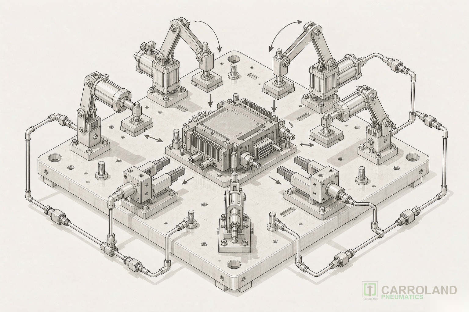 Pneumatic clamping fixture for electronics assembly
