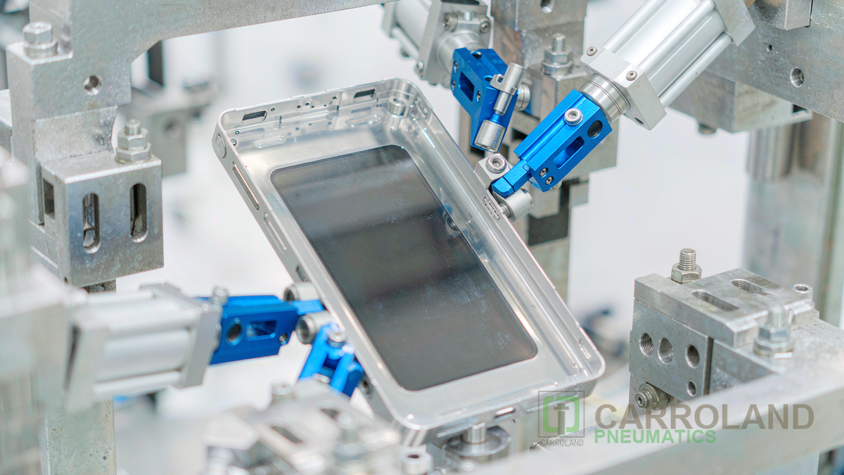 Pneumatic cylinder clamping unit holding a workpiece in a 3C assembly fixture