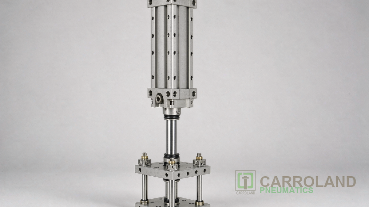 Industrial ISO 15552 pneumatic cylinder mounted vertically for a lifting application on an assembly fixture