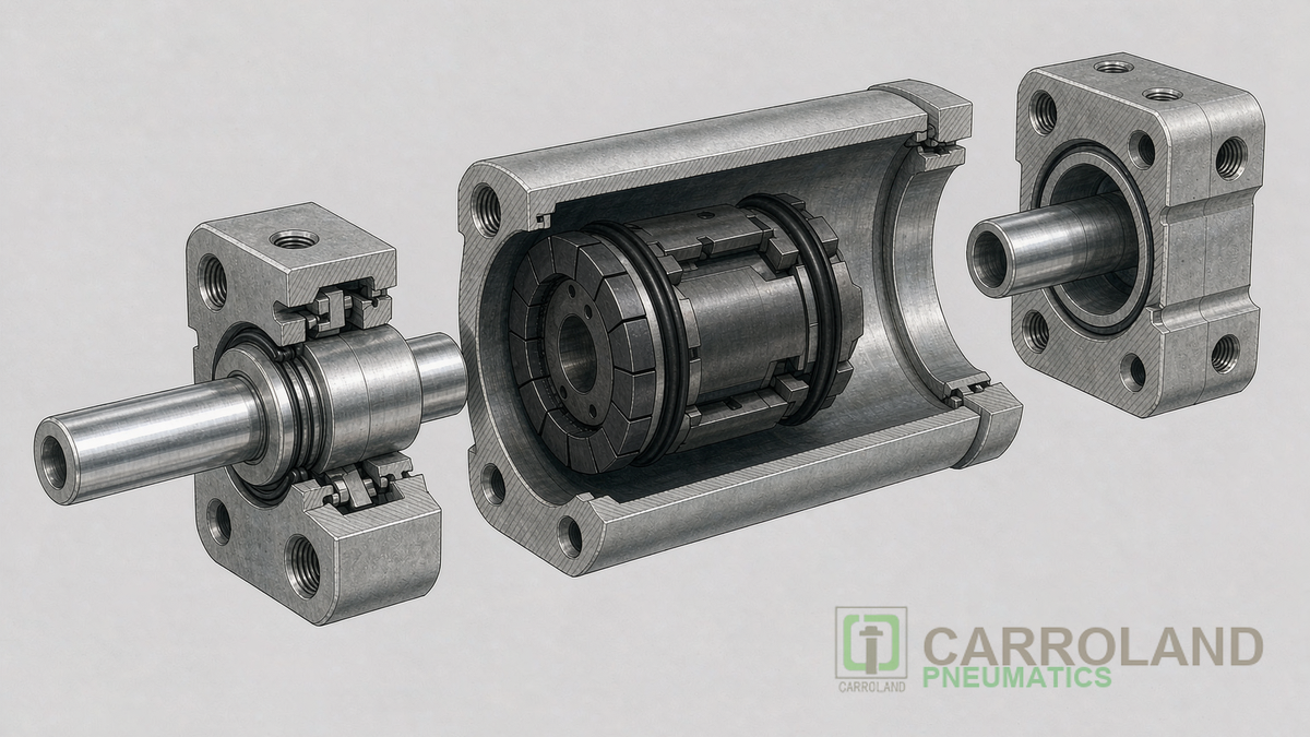 Cutaway illustration of an ISO 15552 pneumatic cylinder showing a magnetic piston ring and T-slot sensor groove