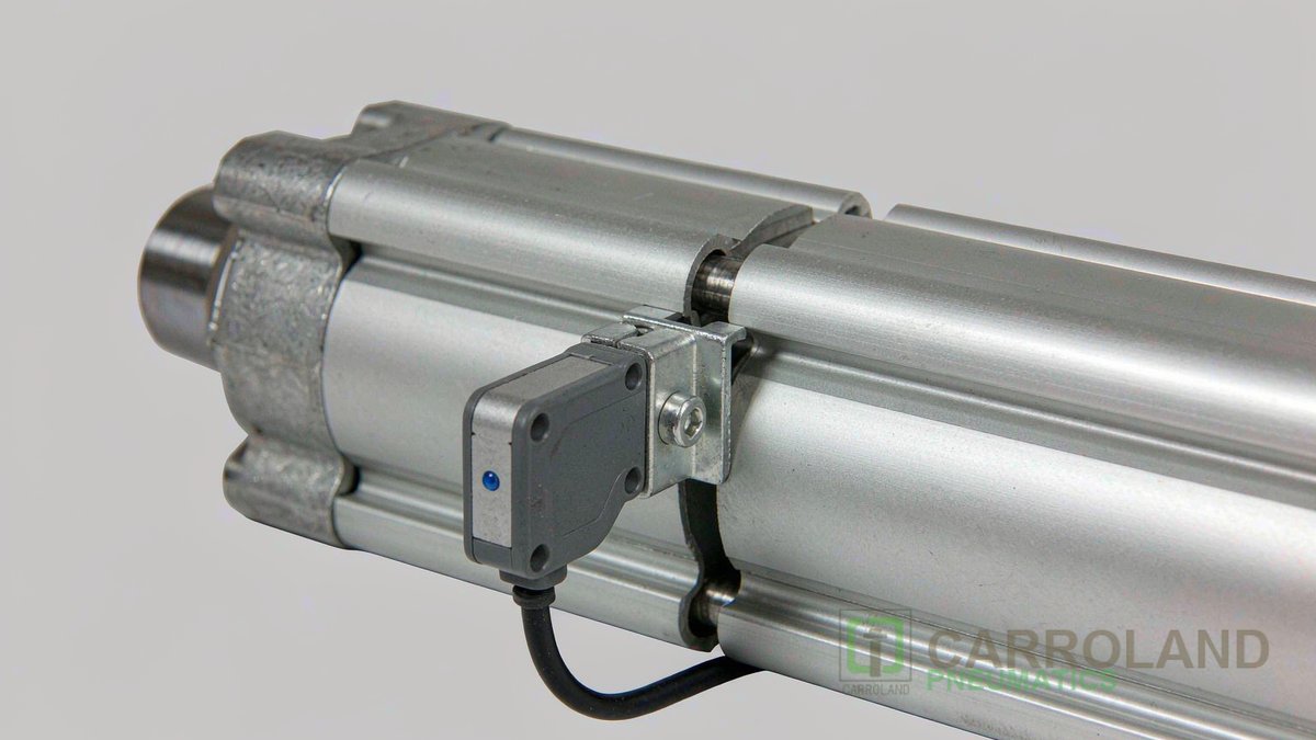 Reed switch sensor mounted in the T-slot groove of an ISO 15552 pneumatic cylinder barrel