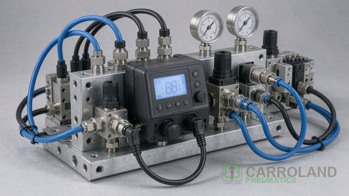 Electro-pneumatic regulator and pressure gauge installed on a pneumatic control panel with tubing