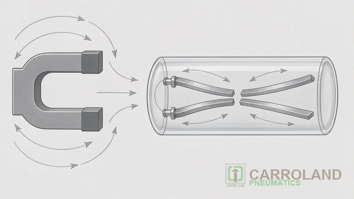 Technical illustration of a reed switch glass capsule with ferromagnetic blades and a magnet moving toward it