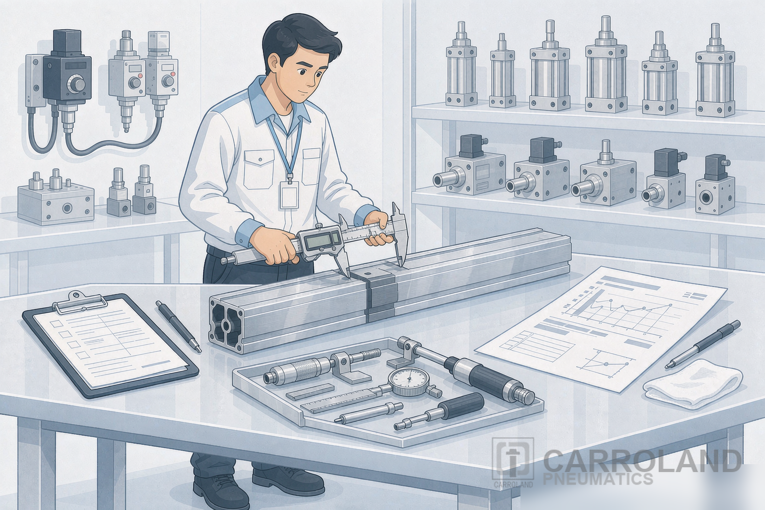 Evaluating pneumatic equipment suppliers: caliper inspection of an aluminum cylinder profile with dimensional report