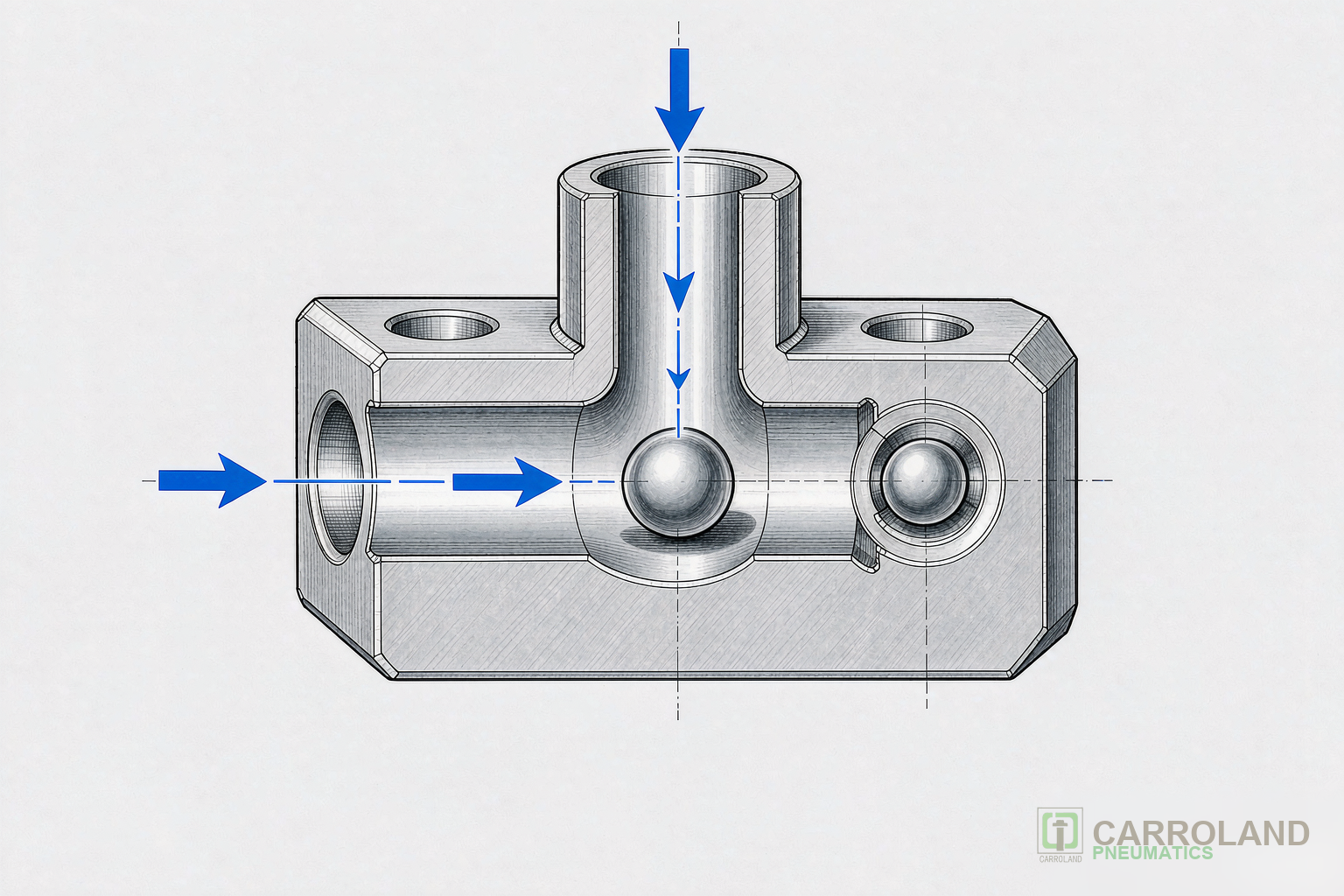 selector valve cross-section showing two inlets, a floating ball element and one outlet