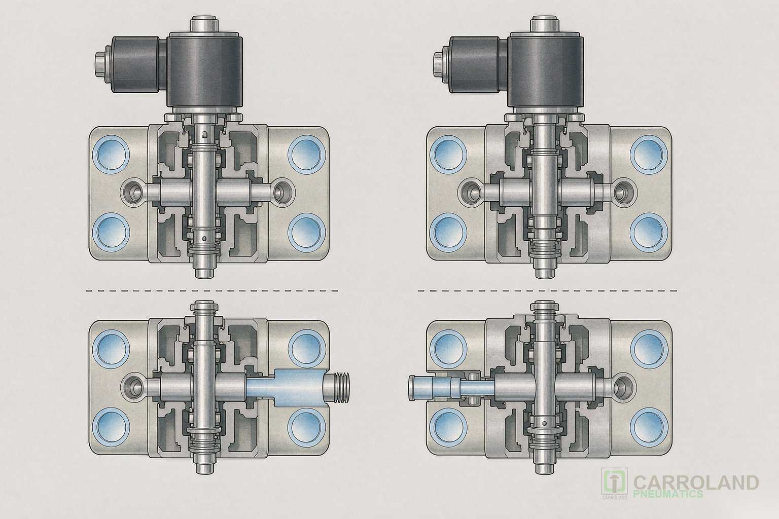 5/2 vs 5/3 solenoid valve cutaway technical diagram
