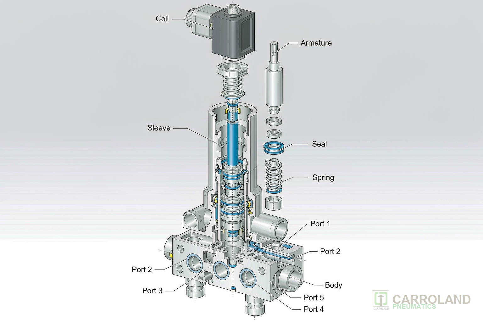 Cutaway diagram of pneumatic valve parts showing solenoid coil, armature, spool and seal stack
